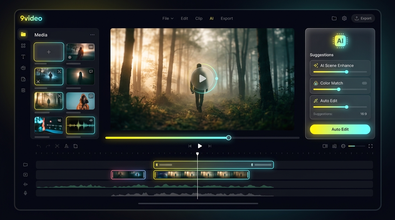 9video AI video editor interface — media panel, video canvas with AI scene enhance, and timeline